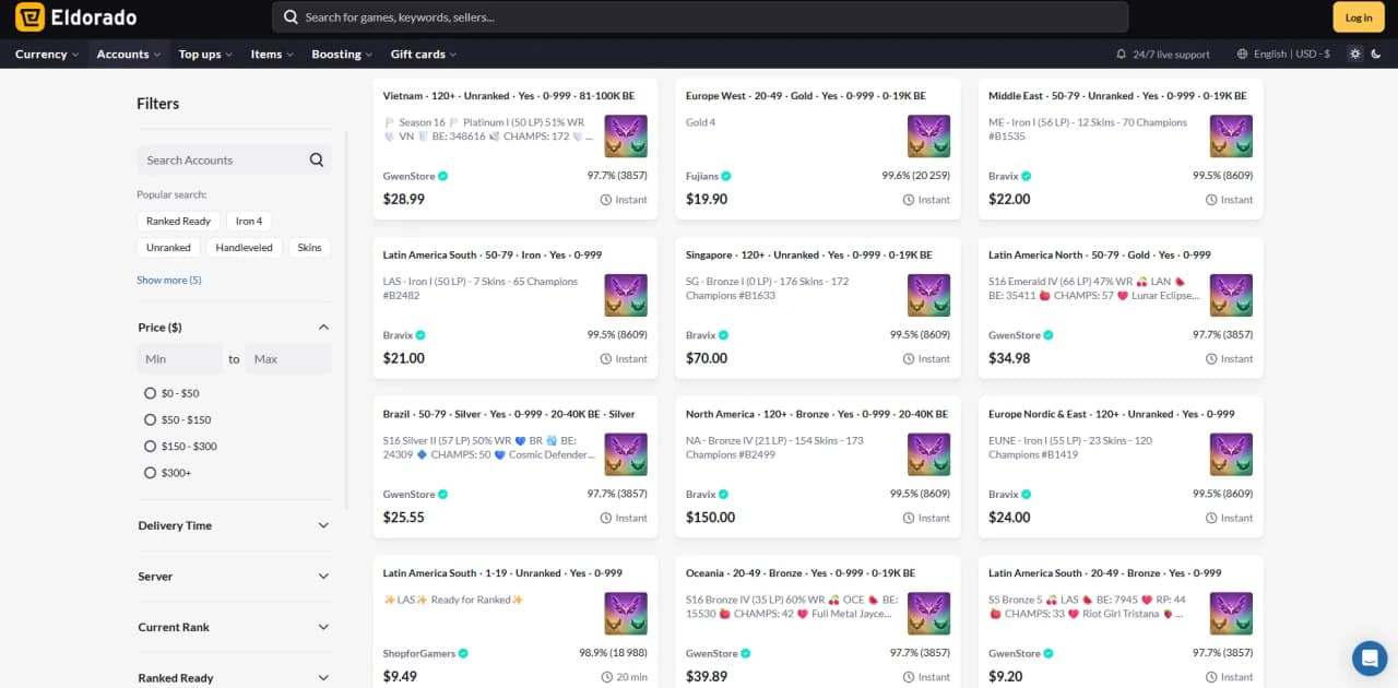 Eldorado LoL accounts marketplace with filters for price, server and rank