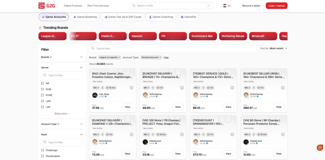 G2G League of Legends accounts marketplace with ranked account listings from multiple sellers