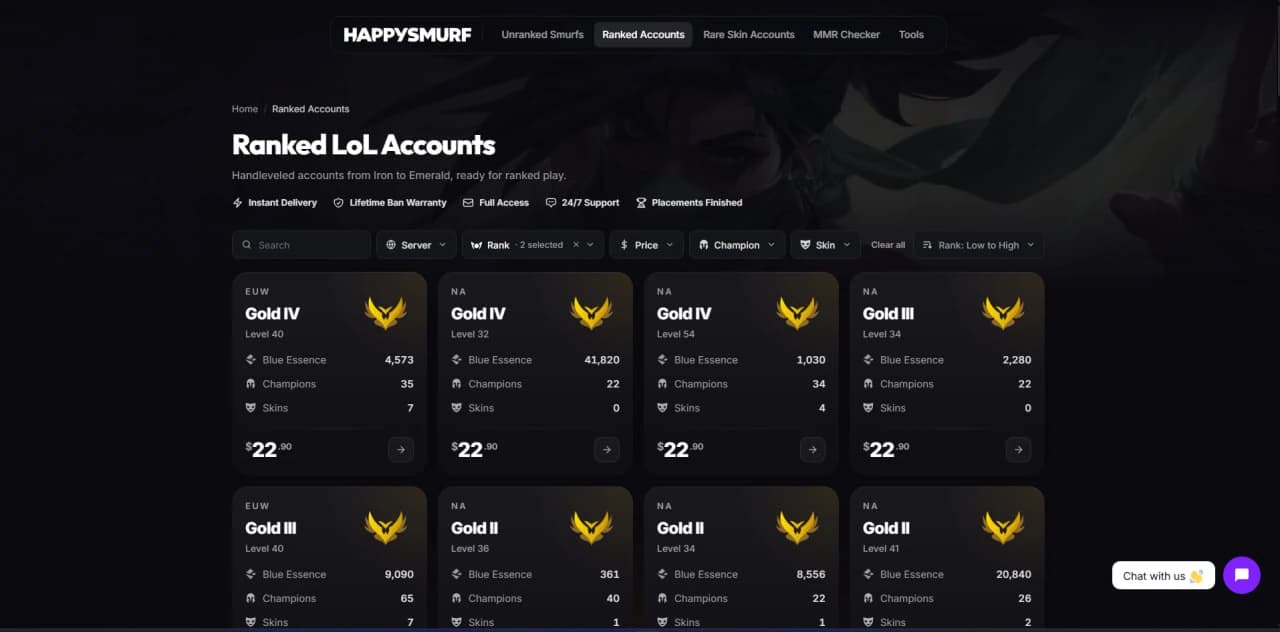 HappySmurf ranked LoL accounts page with handleveled Gold accounts on EUW and NA