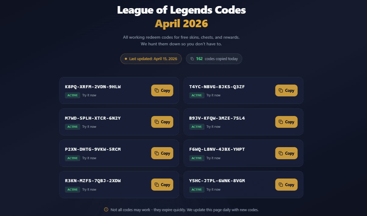NoobHours redeem codes page showing active League of Legends codes