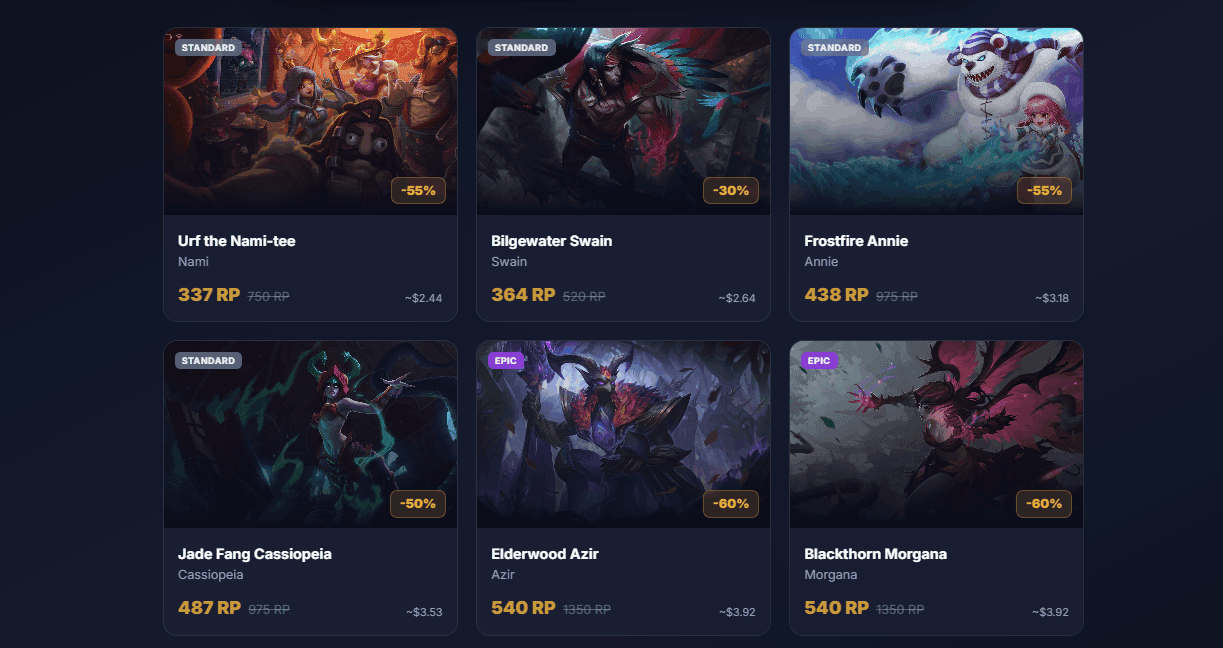NoobHours weekly skin sale page showing discounted skins with RP prices