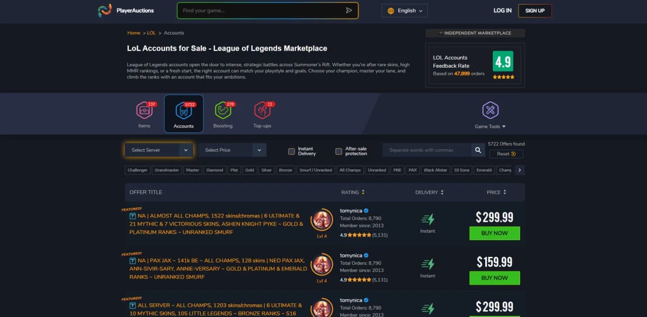 PlayerAuctions LoL accounts marketplace with rank filters from Bronze to Challenger