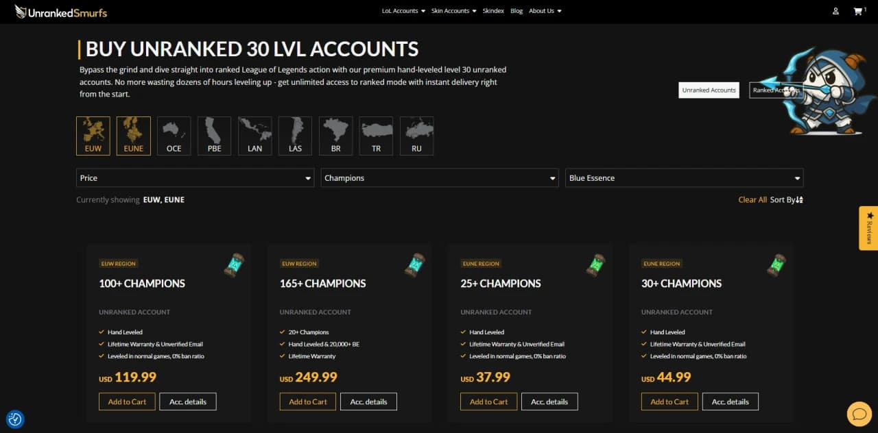 UnrankedSmurfs unranked Level 30 LoL accounts with server filters for EUW, EUNE, OCE, BR and more